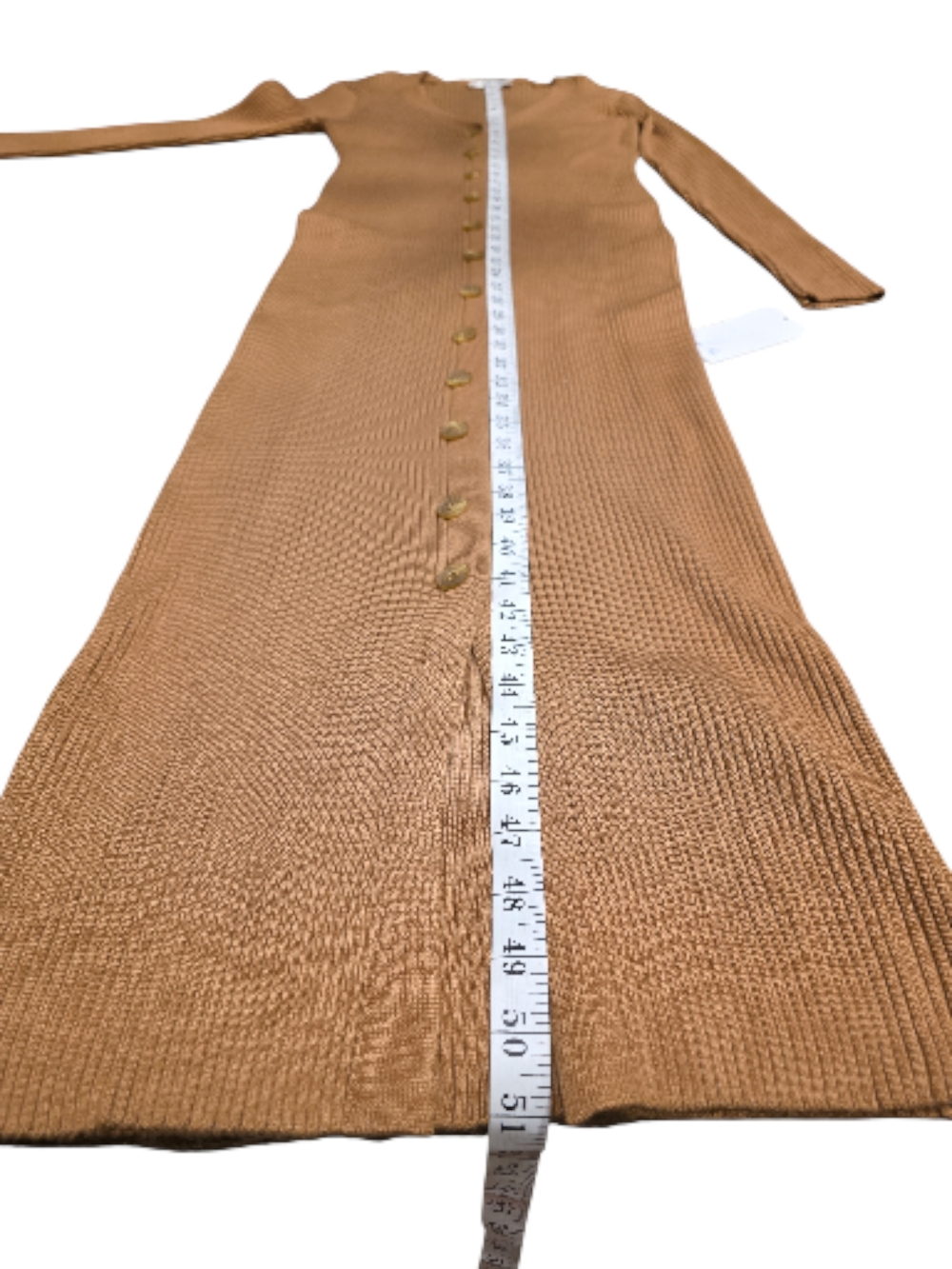 Button-Front V-Neck Button Up Ribbed Knit Midi Dress - Camel - Picture 5 of 7